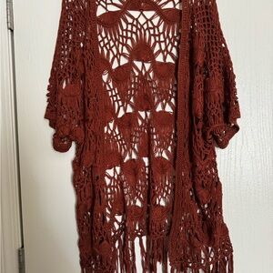 entro Open-Weave Crochet Fringe Cardigan - Rust